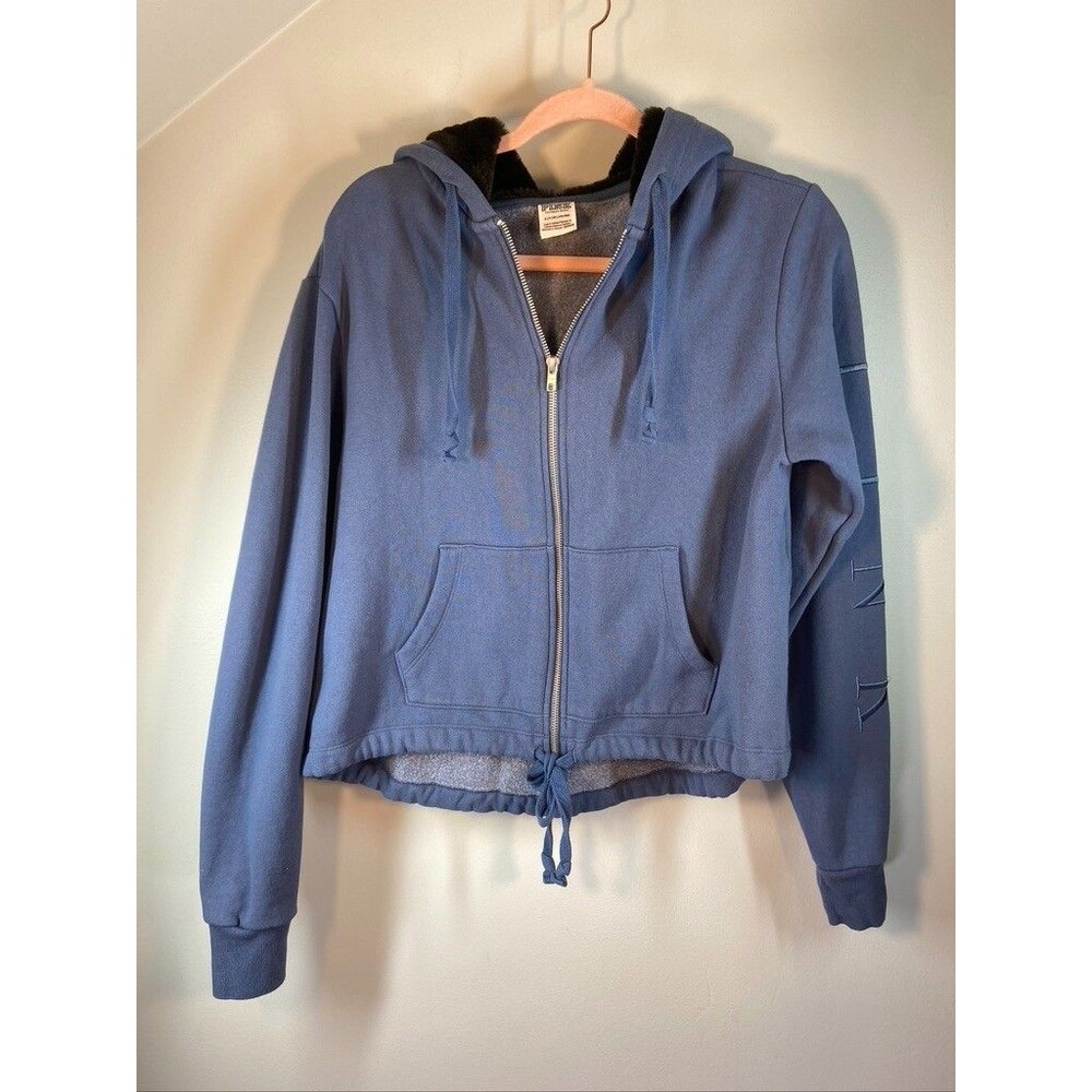 VICTORIA SECRET PINK WOMENS SMALL BLUE HOODIE LOGO ON SLEEVE CROPPED HOODIE